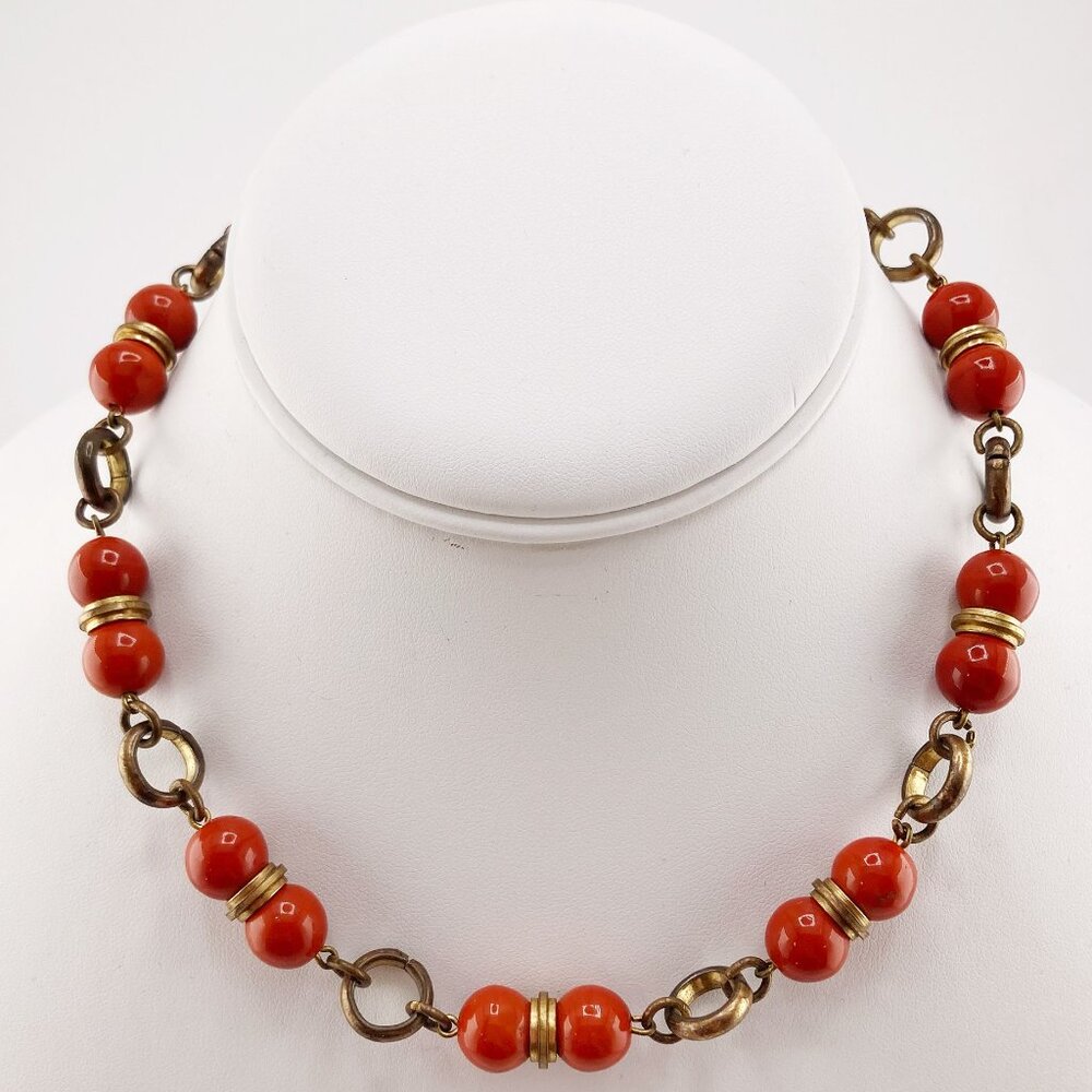ANTIQUE Brass and dark orange plastic beaded necklace ~ c. 1910s 1920s jewelry